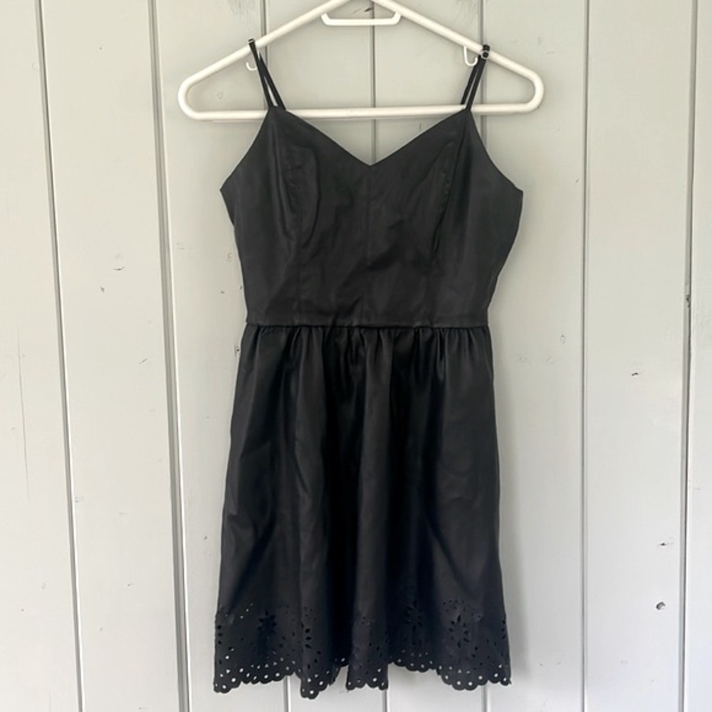 🔥5/$20🔥FOREVER 21 Faux Leather Black Mini Dress Laser Cutouts Spaghetti Straps